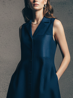 Women's Minimalist Navy And White Striped Cotton Blend Sleeveless Shirt Dress With Leather Detailing MDZ1757D4GMJ