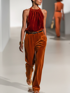 Women’s Fashionable Red Velvet Halter Neck Sleeveless Top And Orange Velvet Slim Waist Wide-Leg Pants Set（Waist Belt Not Included） MDZ1780D8GMJ