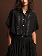 Women's Retro Style Black Cotton Linen Embroidered Short-Sleeve Top And Black Cotton Linen Striped Long Dress Set MDZ1782D5GMJ