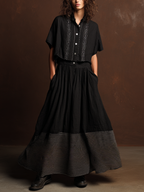 Women's Retro Style Black Cotton Linen Embroidered Short-Sleeve Top And Black Cotton Linen Striped Long Dress Set MDZ1782D5GMJ