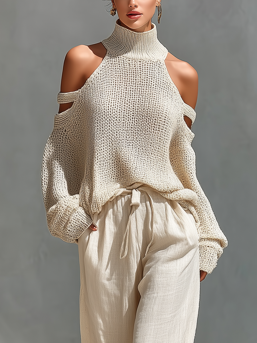 Beige Openwork Knit Cold-Shoulder High-Neck Sweater