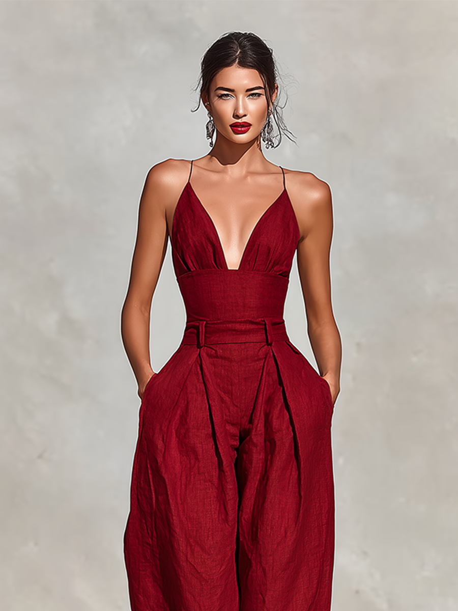 Red Linen Spaghetti Strap Pleated Jumpsuit