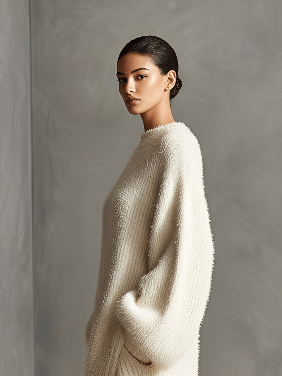 Cream Faux Mink Knit Asymmetric Midi Dress