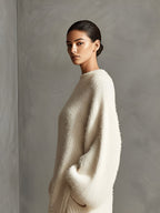Cream Faux Mink Knit Asymmetric Midi Dress