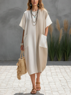 White & Khaki Color-Block Cotton Midi Dress