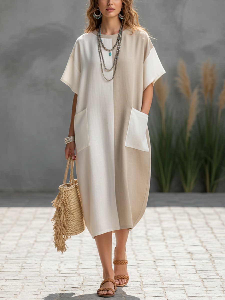 White & Khaki Color-Block Cotton Midi Dress