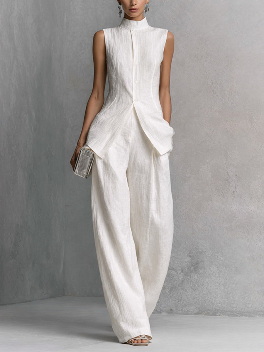 White Cotton Linen Sleeveless Top & Wide-Leg Set