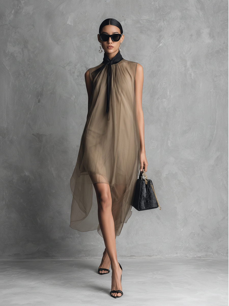 Khaki & Brown Color-Block Chiffon Dress