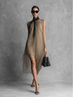 Khaki & Brown Color-Block Chiffon Dress
