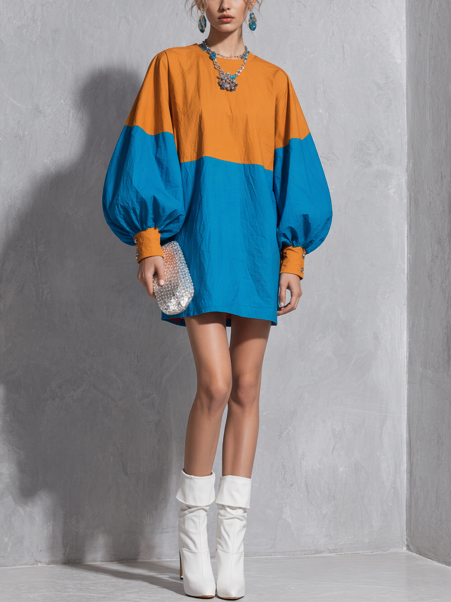 Orange & Blue Color-Block Lantern Sleeve Mini Dress