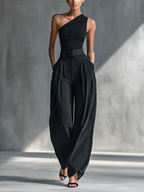 Black Draped Wide-Leg Trousers