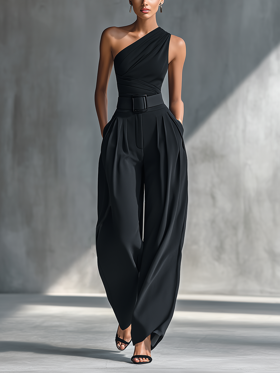 Black Draped Wide-Leg Trousers