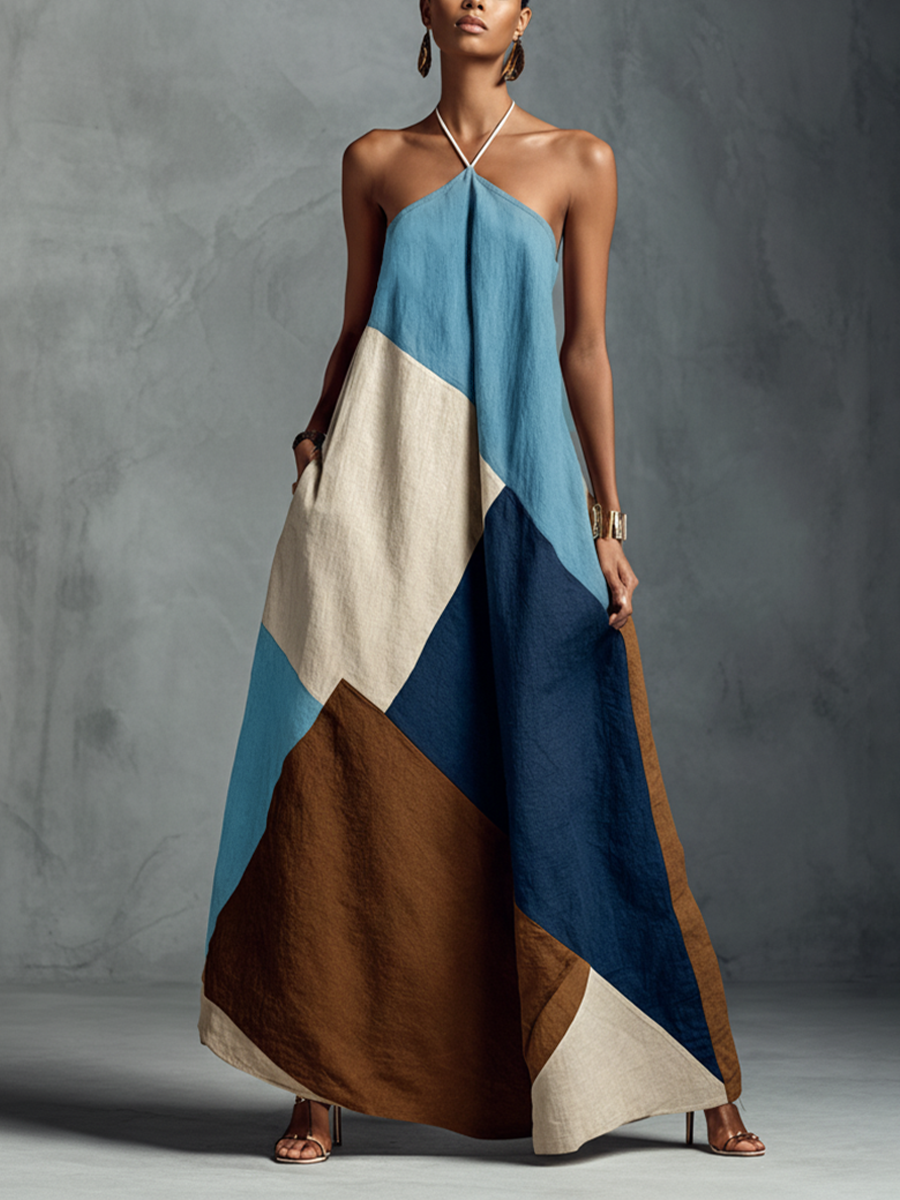 Women's Bohemian Multi-color Cotton Linen Blend Patchwork Halter Maxi Dress MDZ1956C4BA