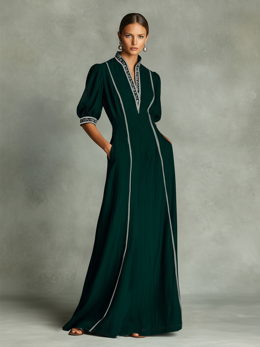 Women's Dark Green Textured Maxi Dress With Stand Collar & Contrast Piping, Modern Vintage-Chic Style Dress MDZ1484D5LYL
