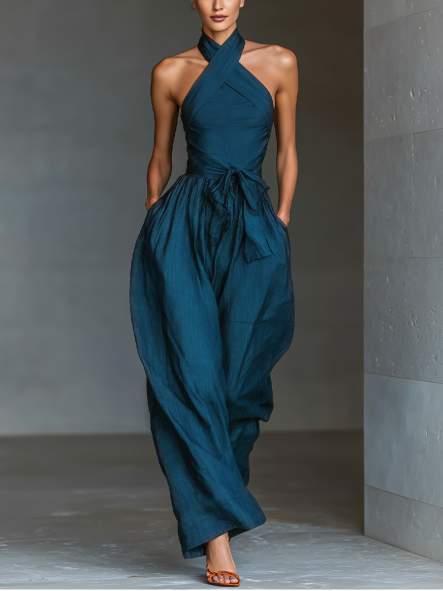 Linen Cross-Halter Tie-Waist Wide-Leg Jumpsuit