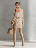 Beige Cable Knit Off-Shoulder Mini Dress