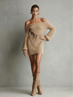 Camel Fuzzy Knit Off-Shoulder Belted Mini Dress