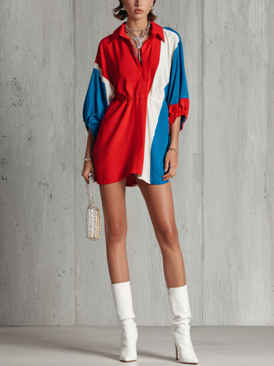 Women's Fashionable Red, Blue And White Cotton Blend Color-blocked Patchwork Collared Waist-cinching Short-sleeved Mini Dress MDZ1321D1GMJ