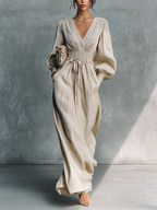 Women's Beige Cotton Linen Striped V-Neck Shirred Waist Maxi Dress MDZ0361C4BA