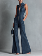 Denim High-Neck Flared Jumpsuit