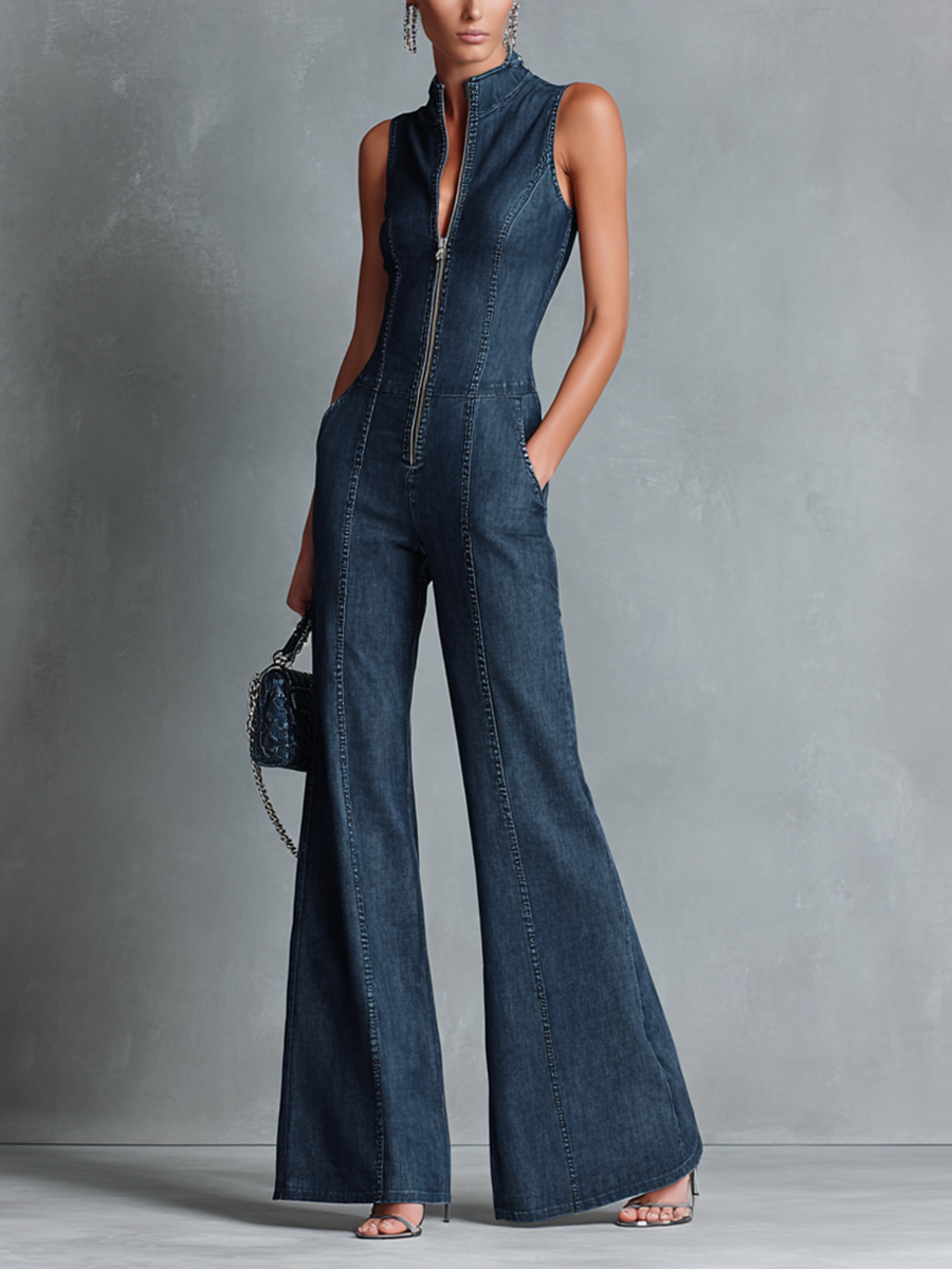 Denim High-Neck Flared Jumpsuit
