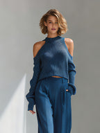 Ribbed Cold-Shoulder Knit Sweater & Wide-Leg Set