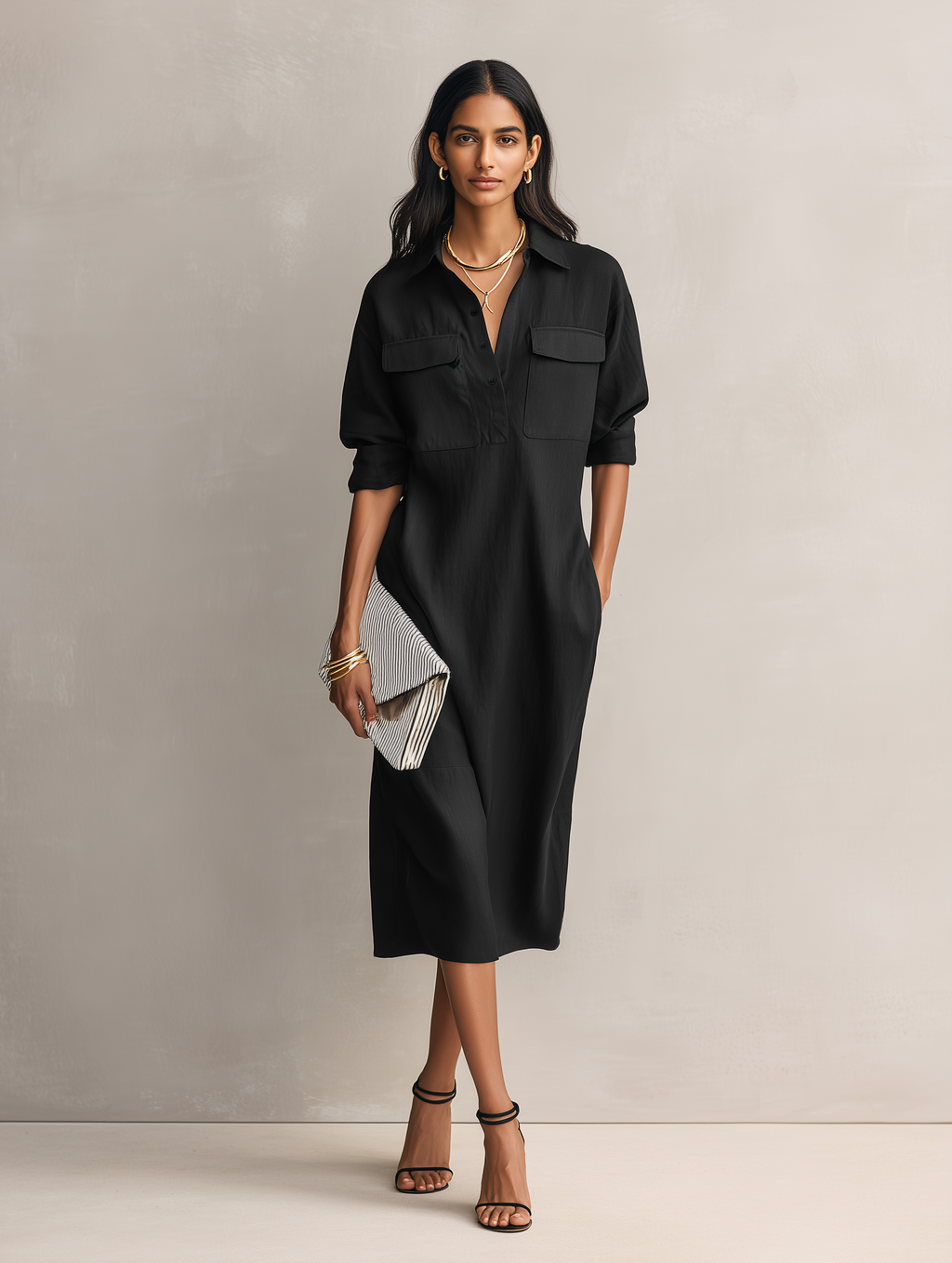 Black Cotton Linen Shirt Collar Midi Dress