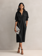 Black Cotton Linen Shirt Collar Midi Dress