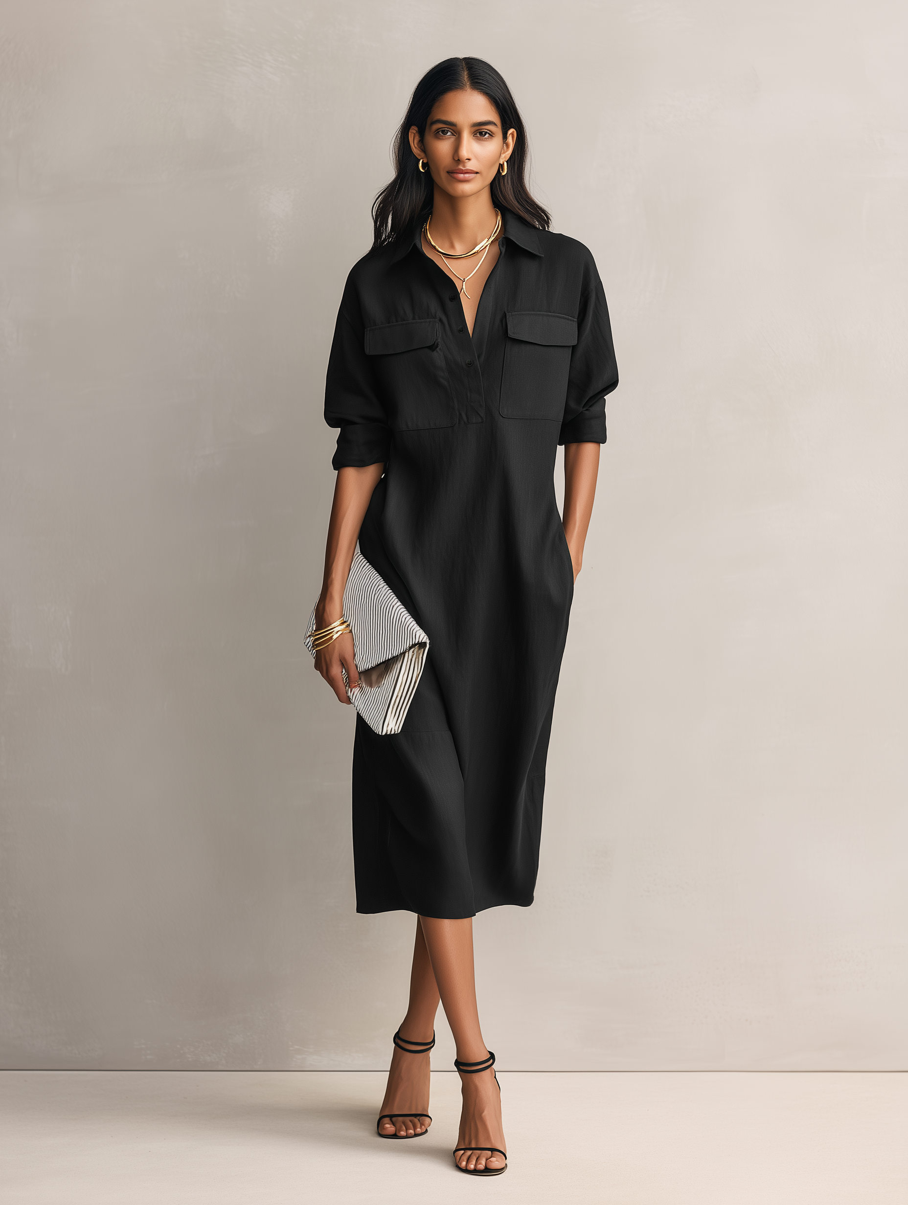 Black Cotton Linen Shirt Collar Midi Dress