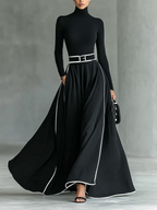 Women's Black Stitching White Trim High Collar Long Sleeve Tight Belt Maxi Dress MDA1031G0Y