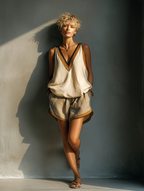 Beige Contrast Trim Tank Top & Shorts Set