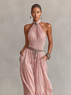Blush Halter Neck Pleated Ruched Jumpsuit