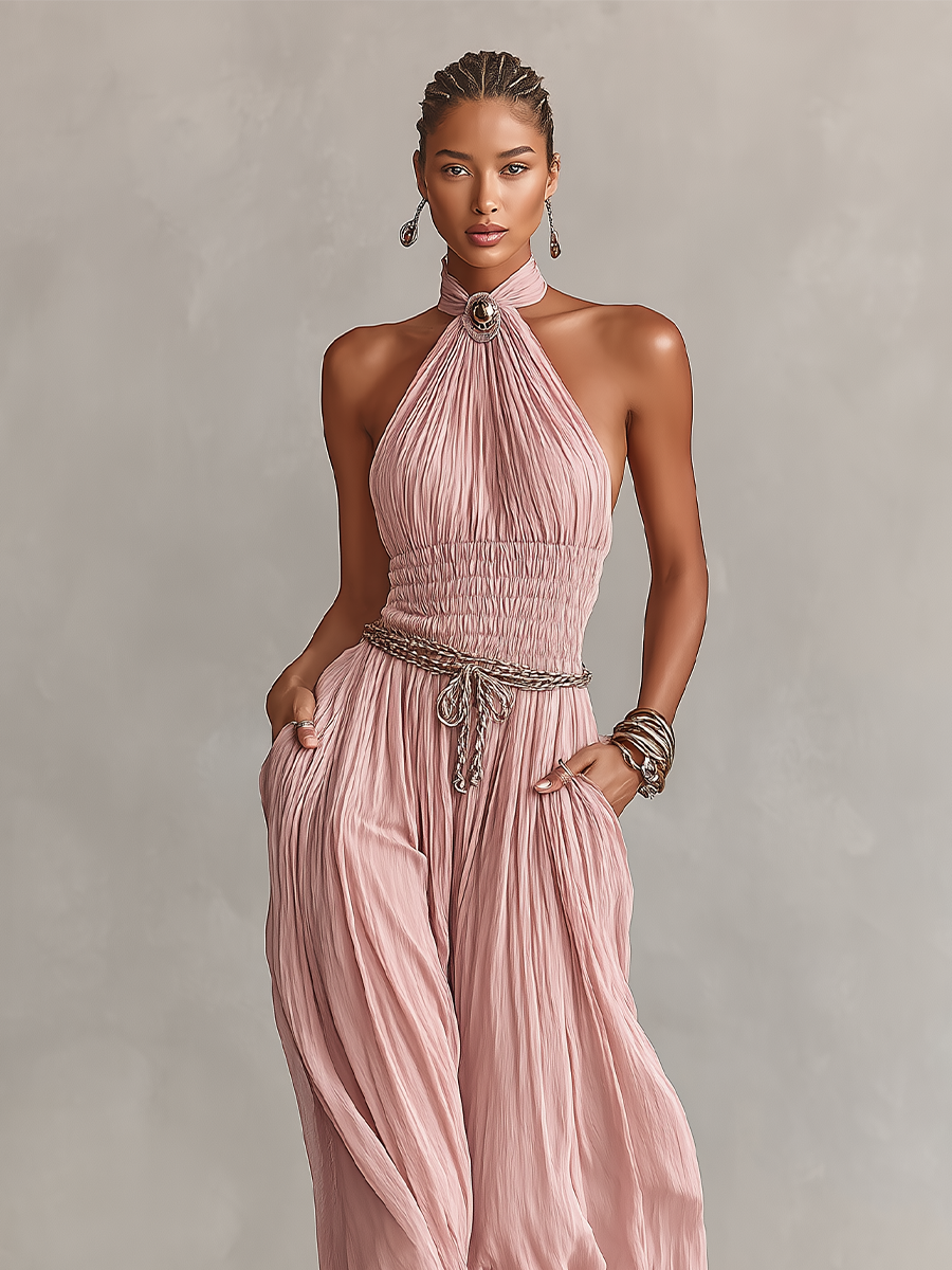 Blush Halter Neck Pleated Ruched Jumpsuit