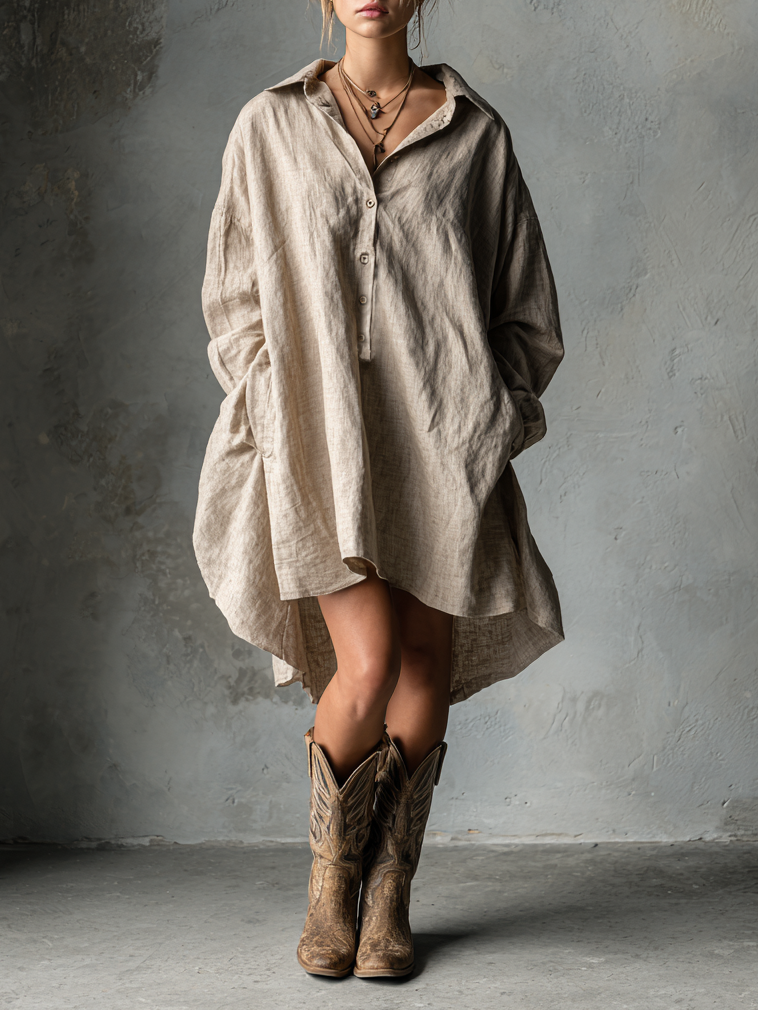 Cotton Linen Button Lapel Mini Dress