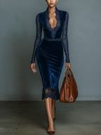 Velvet Lace-Trim V-Neck Midi Dress