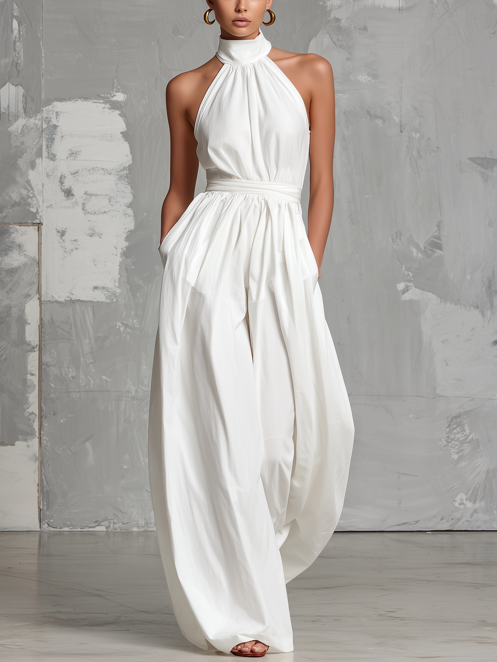 White Woven Halter-Neck Jumpsuit