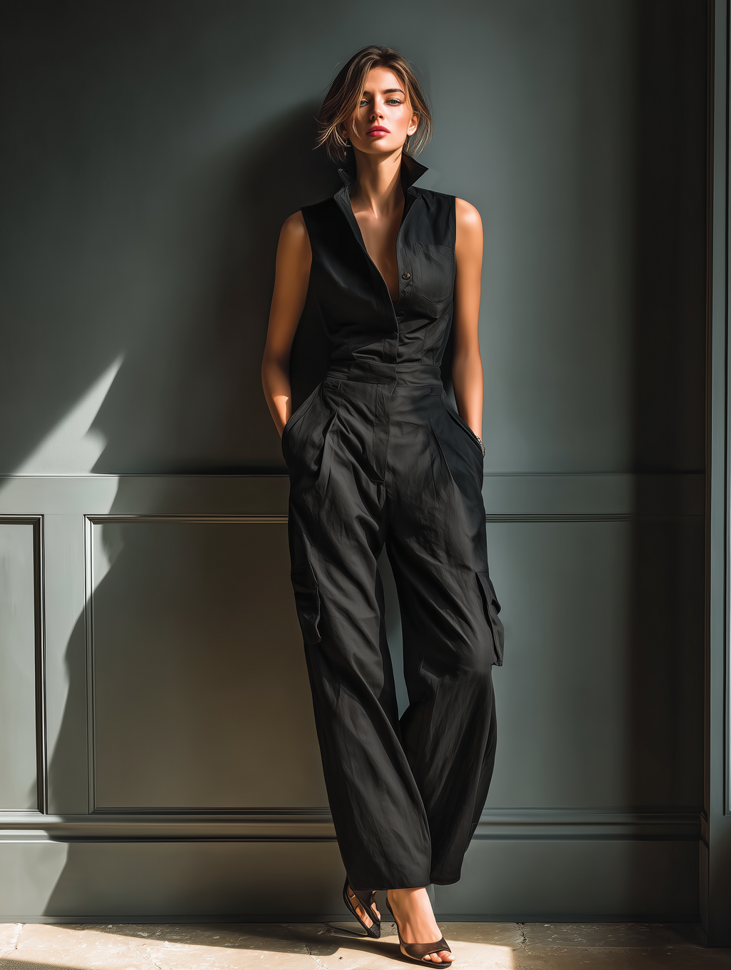 Linen Sleeveless Collared Cargo Jumpsuit