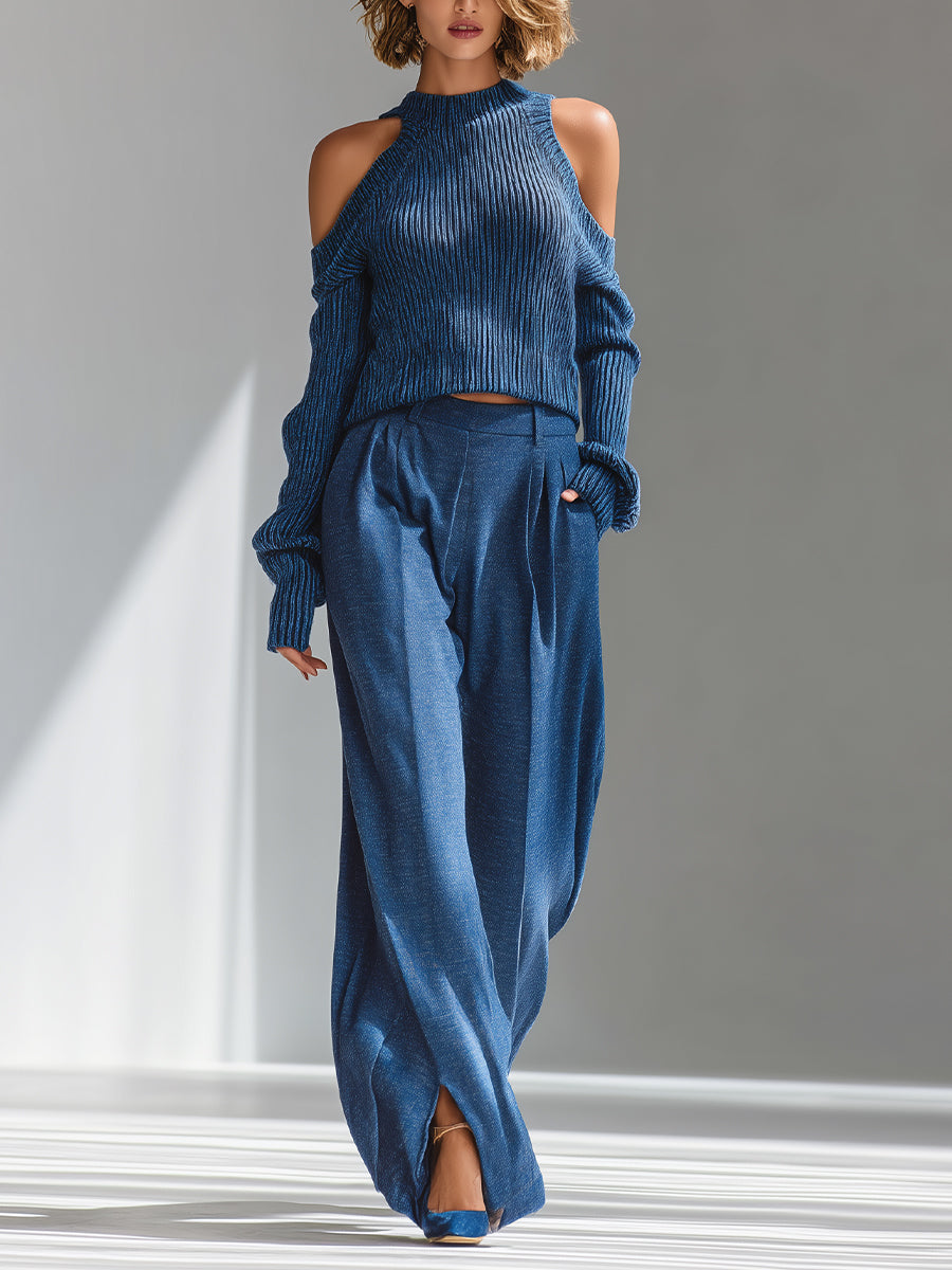 Ribbed Cold-Shoulder Knit Sweater & Wide-Leg Set
