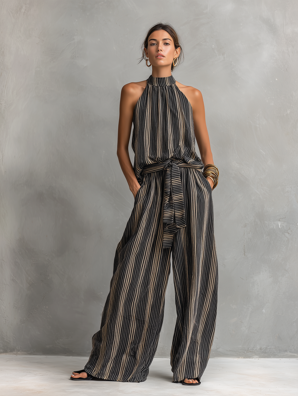 Striped Woven Sleeveless Top & Trousers Set