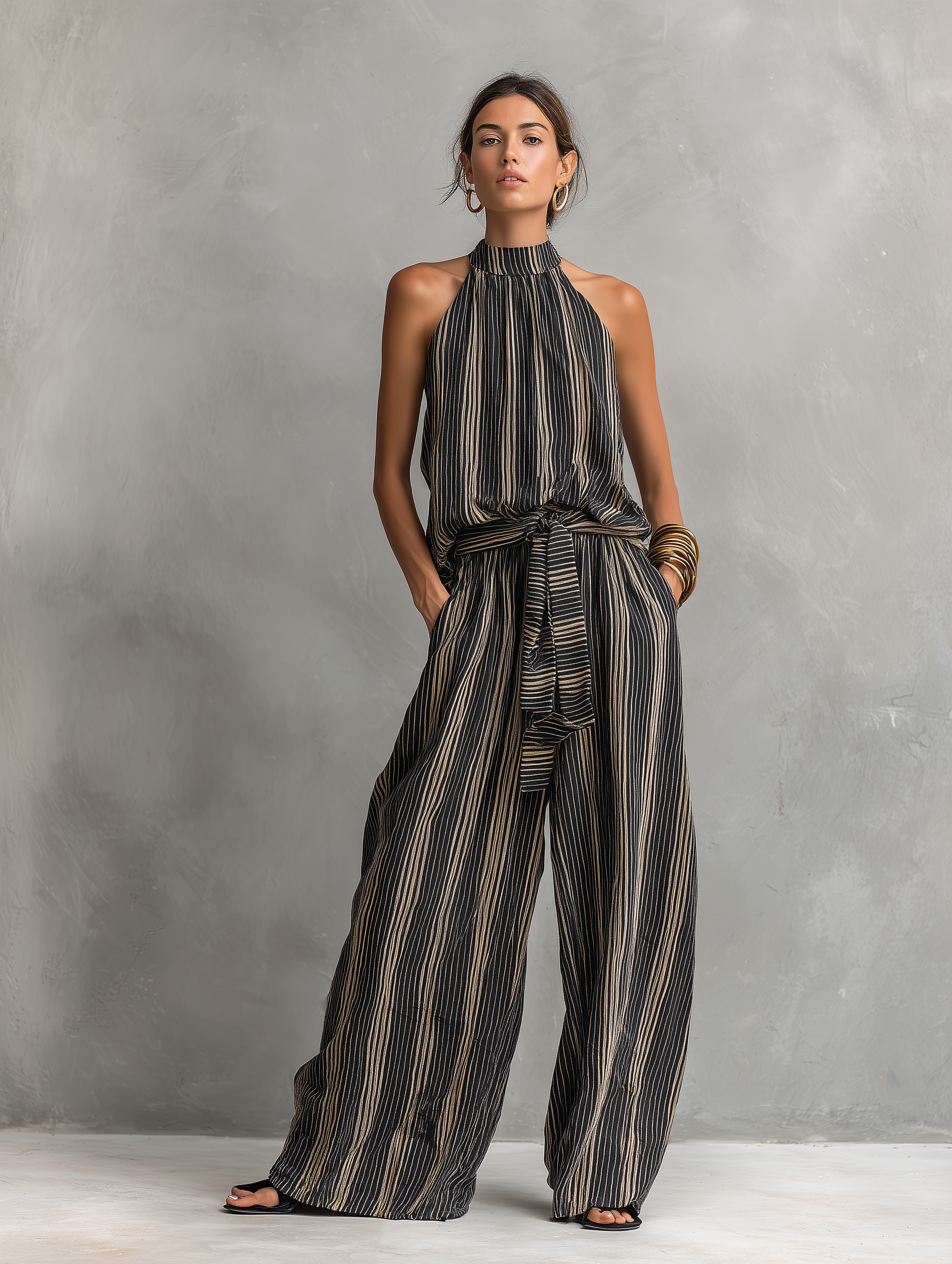 Striped Woven Sleeveless Top & Trousers Set