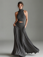 Charcoal Knit Halter Turtleneck Cutout Dress