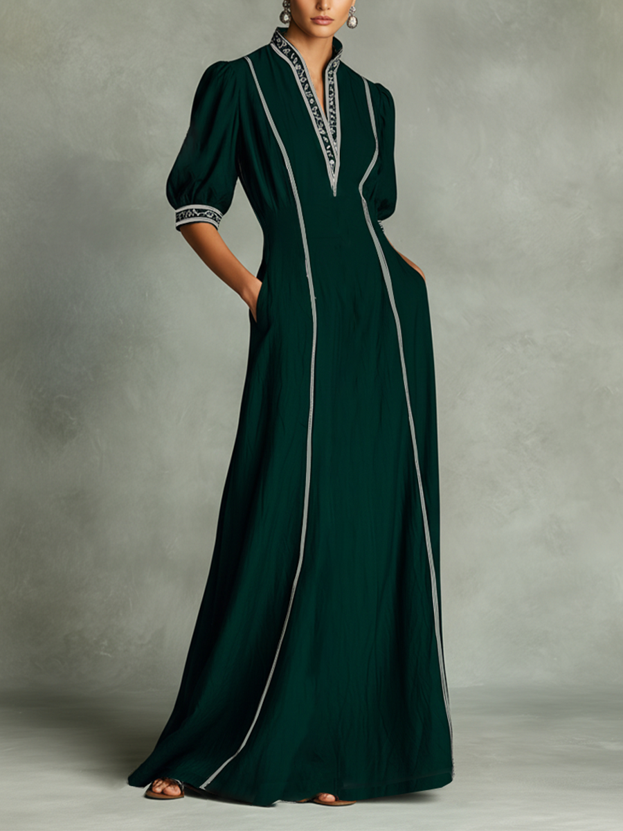 Women's Dark Green Textured Maxi Dress With Stand Collar & Contrast Piping, Modern Vintage-Chic Style Dress MDZ1484D5LYL