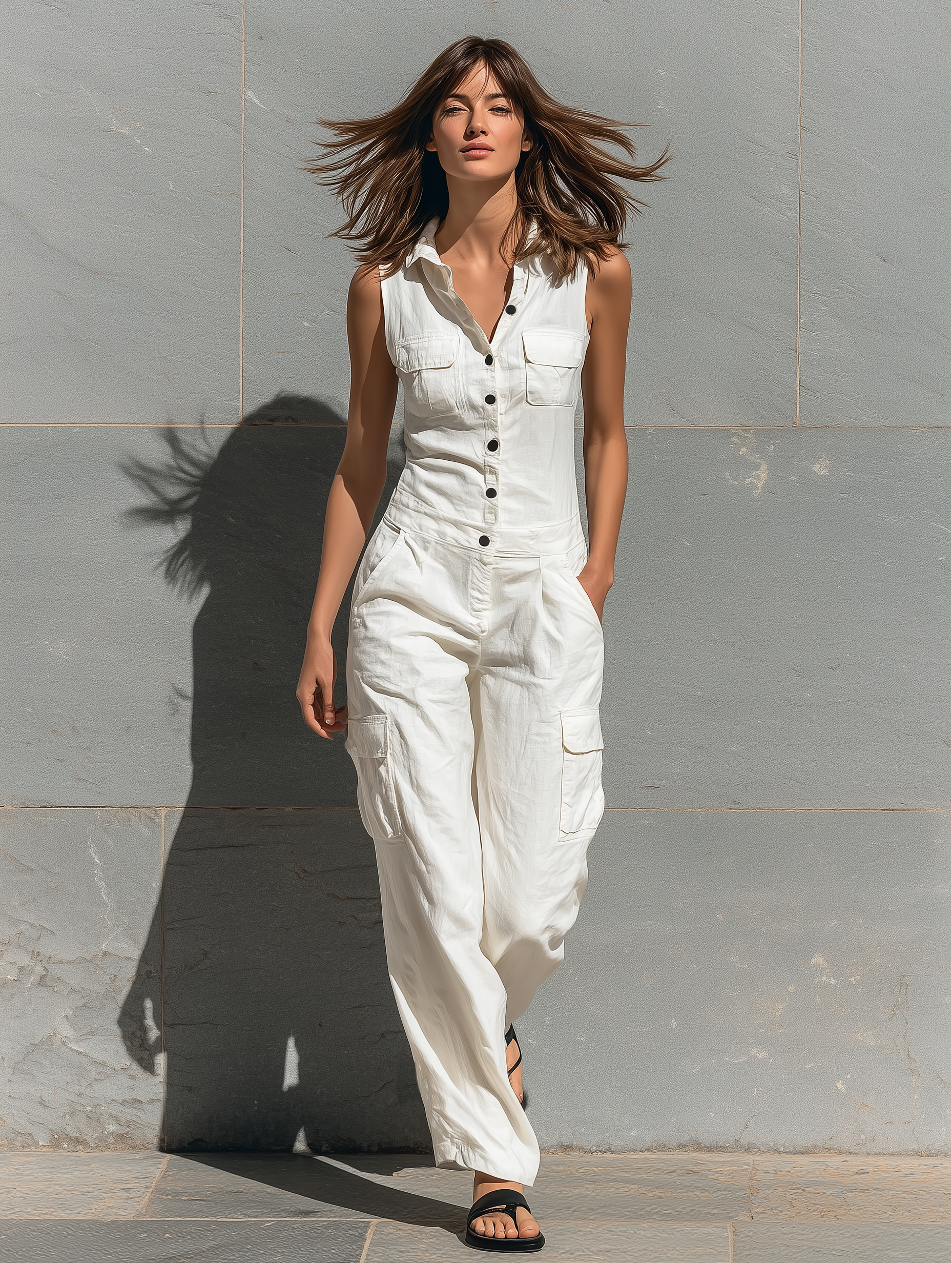 Single-Breasted Sleeveless Cotton Jumpsuit