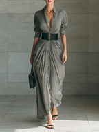 Ladies Lapel Long Sleeve Single Breasted Belt Maxi Dress MDA1758G1Y