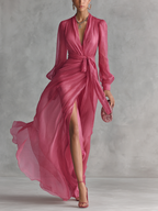 Rose Pink Pearl Chiffon Tie-Waist Maxi Dress