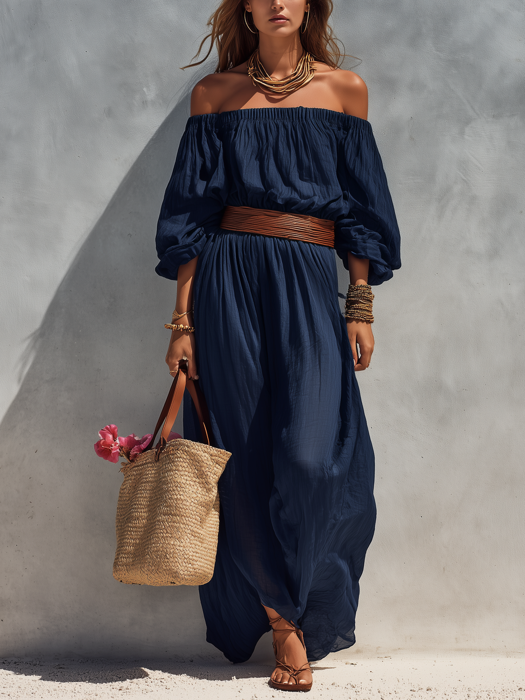 Dark Blue Cotton Linen Round-Neck Sleeveless Jumpsuit