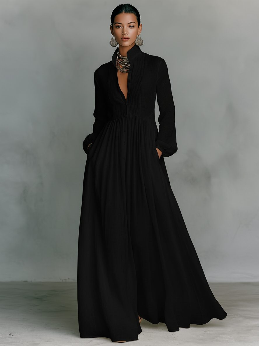 Cotton Linen Stand Collar Maxi Dress