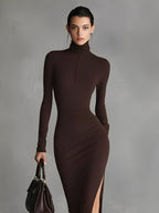Brown Turtleneck Bodycon Slit Dress