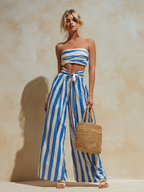 Striped Strapless Wide-Leg Pants Suit