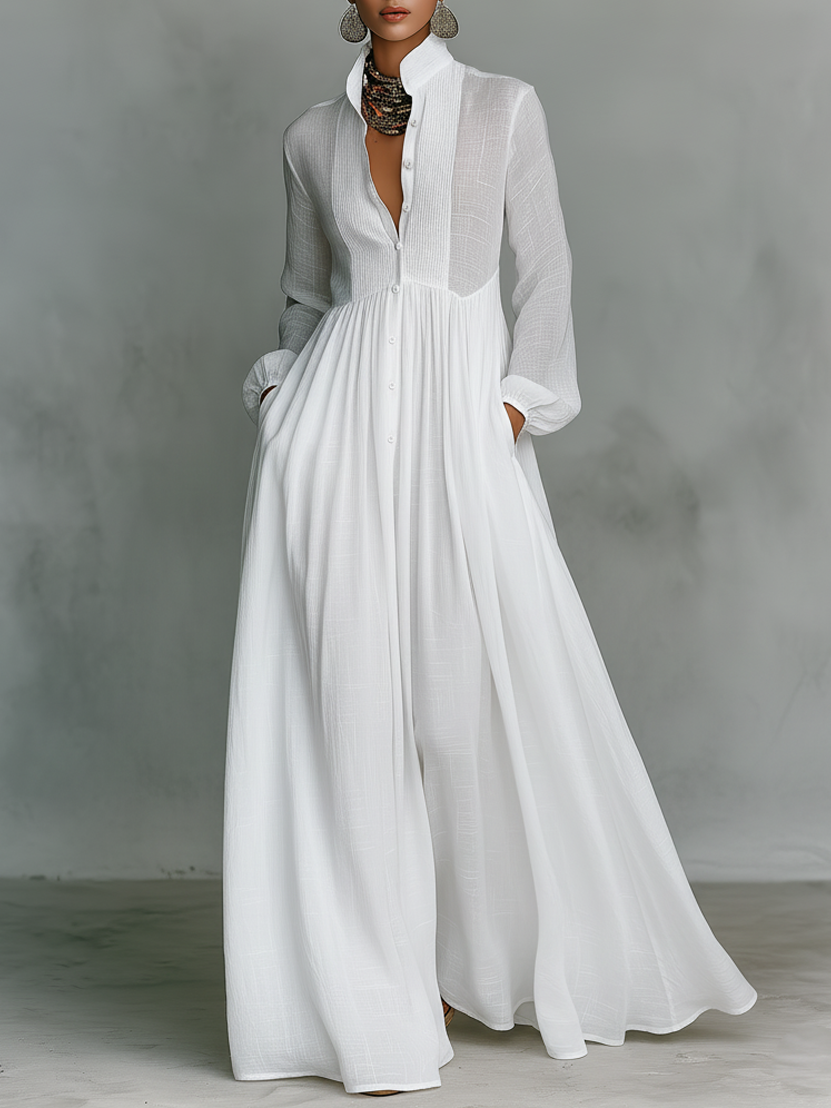 Cotton Linen Stand Collar Maxi Dress